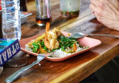 High angle view of food on table in restaurant