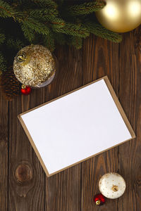 High angle view of christmas decorations on table