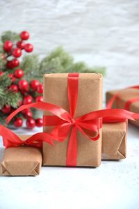 Close-up of christmas presents on table