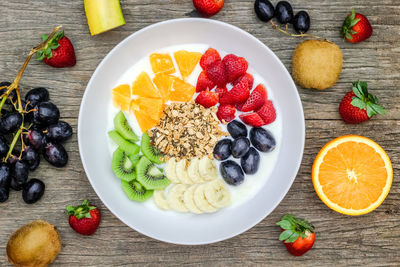 High angle view of breakfast served on table