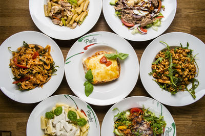 High angle view of food served on table