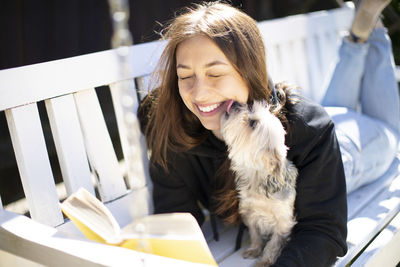 Portrait of woman with dog