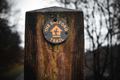 Close-up of information sign on tree trunk