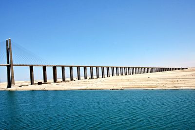 Bridge over calm blue sea against clear sky