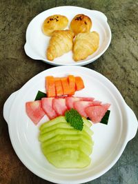 High angle view of food served on table