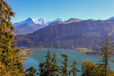 Scenic view of lake and mountains against sky