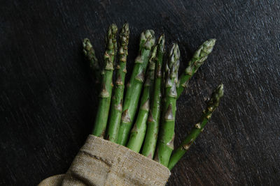 Arranged green stems of asparagus wraped inside a cloth
