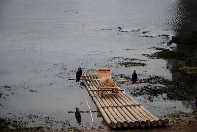 High angle view of birds swimming on lake