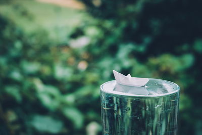 Close-up of paper boat on water