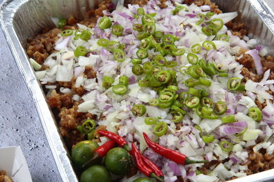 High angle view of chopped vegetables in bowl