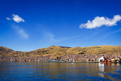 Scenic view of lake against blue sky