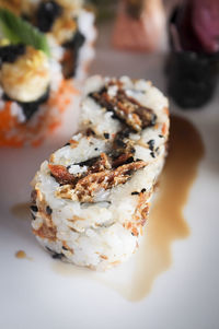 Close-up of sushi served in plate