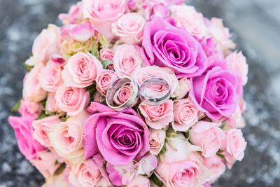 High angle view of pink rose bouquet