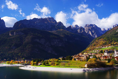 Scenic view of mountains and lake against sky