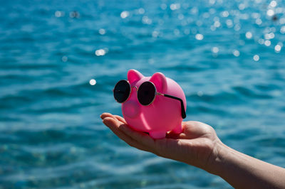 Hand of woman holding piggy bank