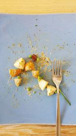 Directly above shot of potato and fork in plate