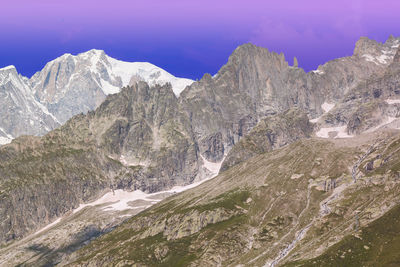 Romantic view of monte bianco, italian side at sunset in aosta valley