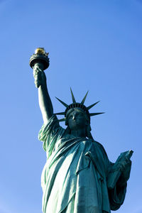 Low angle view of statue against clear blue sky