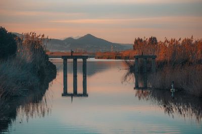 Scenic view of lake against sky during sunset