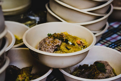 High angle view of meal served on table