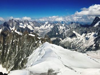 Panoramic view of snowcapped mountains against sky