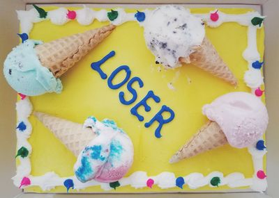 High angle view of ice cream cone on table