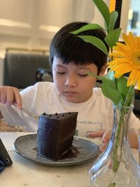 Portrait of boy holding forks to eat chocolate cake 