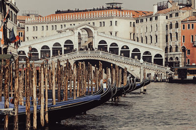 Gondolas, grand canal and rialto bridge in a romantic view of venice