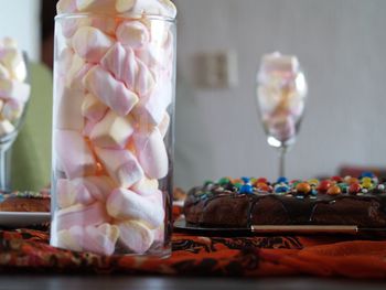 Close-up of desserts on table