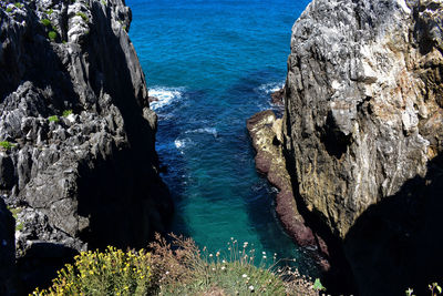 High angle view of rocks by sea