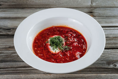 High angle view of soup in bowl on table