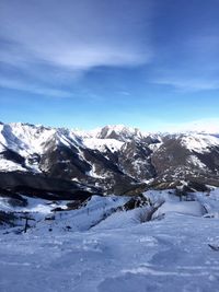 Scenic view of snowcapped mountains against sky