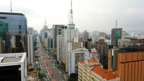 Panoramic view of buildings in city against sky