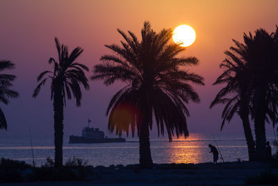 Silhouette palm trees at beach against sky during sunset