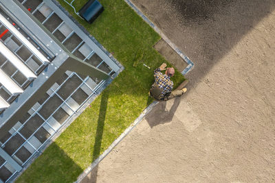 High angle view of people walking on street