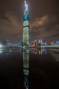 Illuminated modern building lit up at night