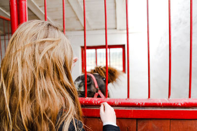 Rear view of woman looking through window