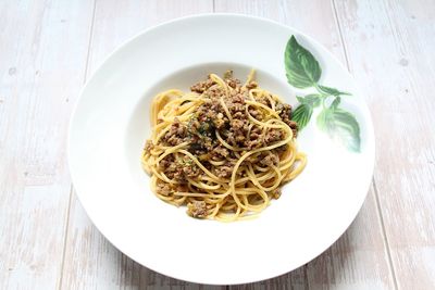 High angle view of noodles in plate on table