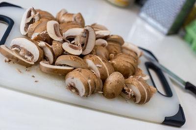 High angle view of mushrooms in plate on table