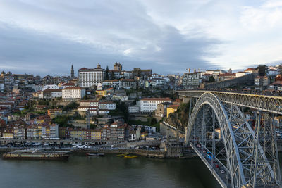 Bridge over river by buildings in city against sky