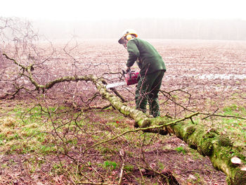 Man cutting fallen tree on field