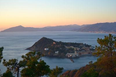 High angle view of sea against sky during sunset