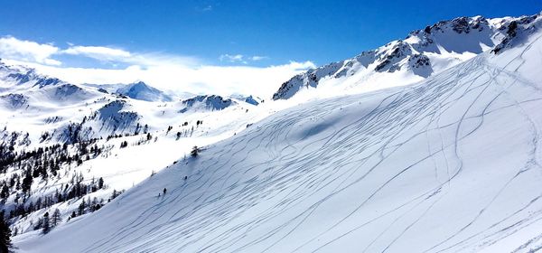 Scenic view of snowcapped mountains against sky