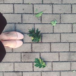 Low section of woman standing on footpath by leaves