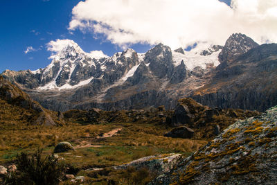 Scenic view of snowcapped mountains against sky