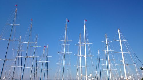 Low angle view of boat mast against clear blue sky