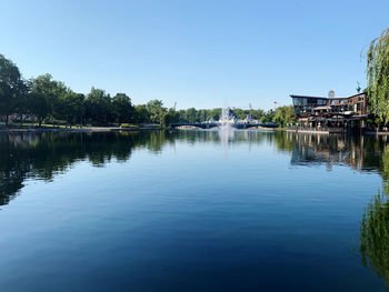 Scenic view of lake against clear blue sky