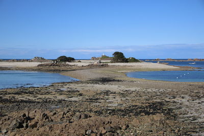 Scenic view of beach against clear blue sky