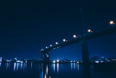 Illuminated city by river against clear sky at night