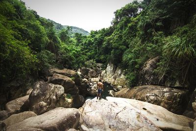 Man on rock in jungle against sky